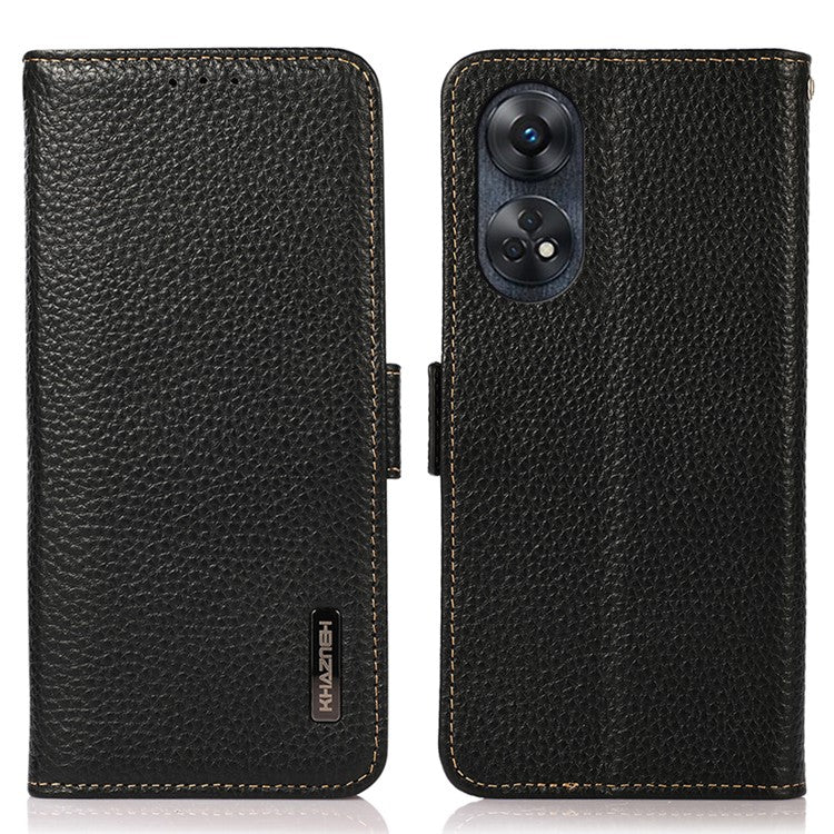 KHAZNEH For Oppo Reno8 T 4G RFID Blocking Protective Phone Case Genuine Leather Phone Cover Stand Wallet - Black