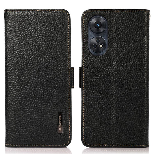 KHAZNEH For Oppo Reno8 T 4G RFID Blocking Protective Phone Case Genuine Leather Phone Cover Stand Wallet - Black