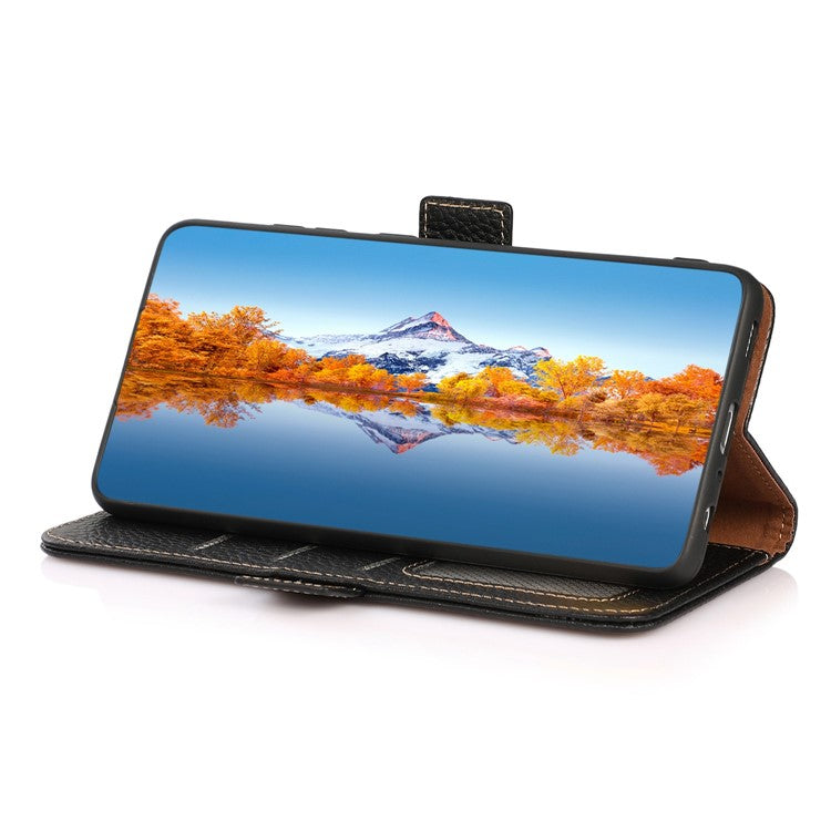 KHAZNEH For Oppo Reno8 T 4G RFID Blocking Protective Phone Case Genuine Leather Phone Cover Stand Wallet - Black