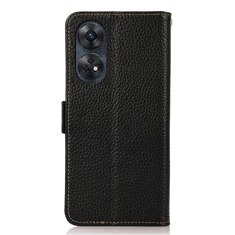 KHAZNEH For Oppo Reno8 T 4G RFID Blocking Protective Phone Case Genuine Leather Phone Cover Stand Wallet - Black