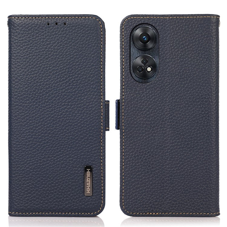 KHAZNEH For Oppo Reno8 T 4G RFID Blocking Protective Phone Case Genuine Leather Phone Cover Stand Wallet - Blue