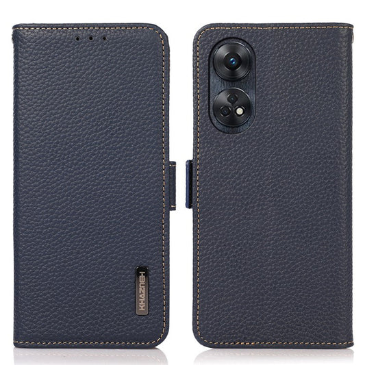 KHAZNEH For Oppo Reno8 T 4G RFID Blocking Protective Phone Case Genuine Leather Phone Cover Stand Wallet - Blue
