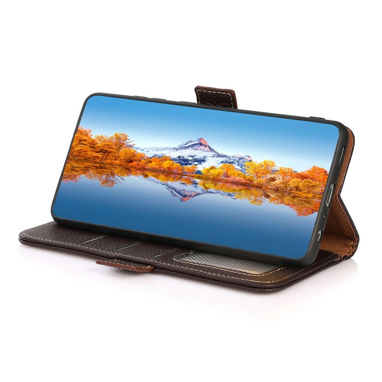 KHAZNEH For Oppo Reno8 T 4G RFID Blocking Protective Phone Case Genuine Leather Phone Cover Stand Wallet - Brown