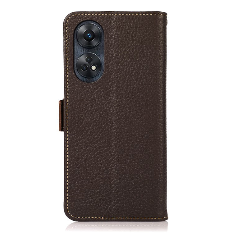 KHAZNEH For Oppo Reno8 T 4G RFID Blocking Protective Phone Case Genuine Leather Phone Cover Stand Wallet - Brown