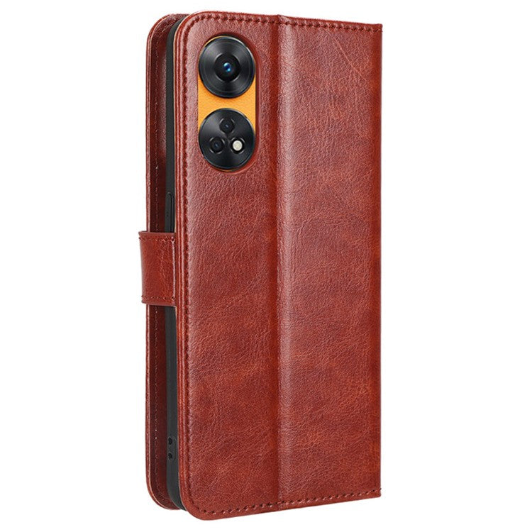 Phone Leather Case for Oppo Reno8 T 4G Wallet Stand Crazy Horse Texture Phone Cover - Brown