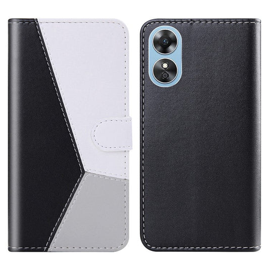 PU Leather Phone Case for Oppo A17 4G Three-color Splicing Stand Wallet Phone Cover - Black / White / Grey