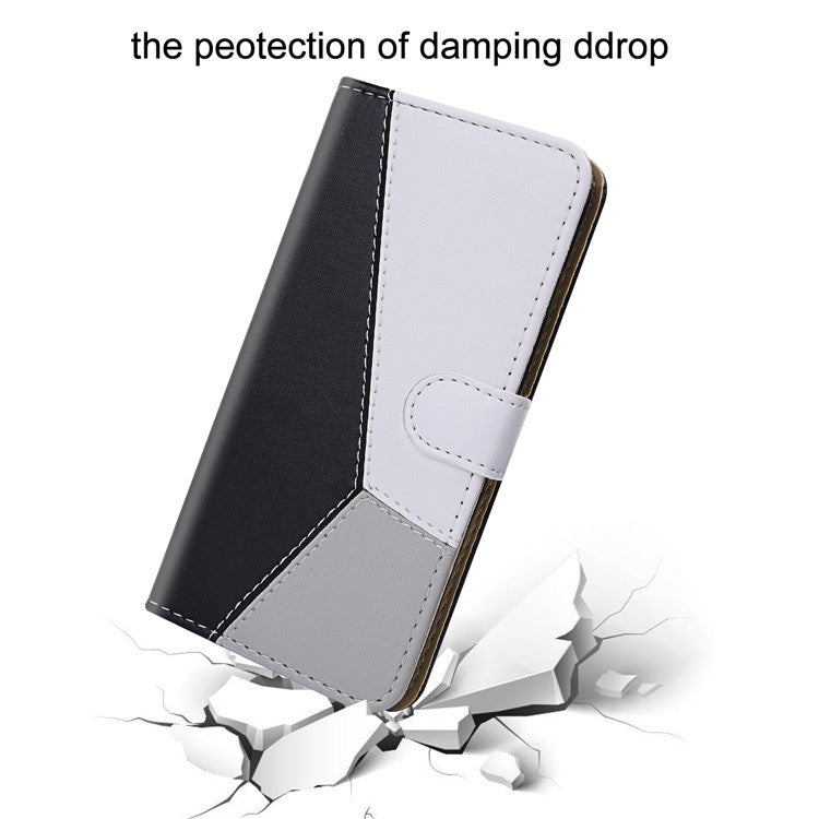 PU Leather Phone Case for Oppo A17 4G Three-color Splicing Stand Wallet Phone Cover - Black / White / Grey