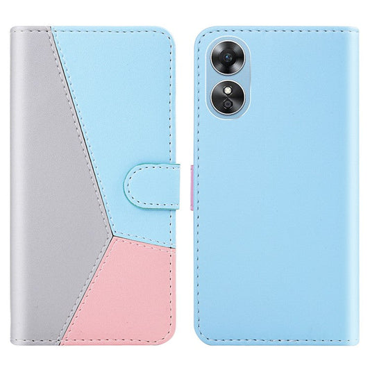 PU Leather Phone Case for Oppo A17 4G Three-color Splicing Stand Wallet Phone Cover - Grey / Blue / Pink