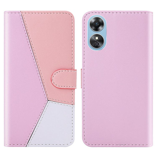 PU Leather Phone Case for Oppo A17 4G Three-color Splicing Stand Wallet Phone Cover - Purple / Pink / White