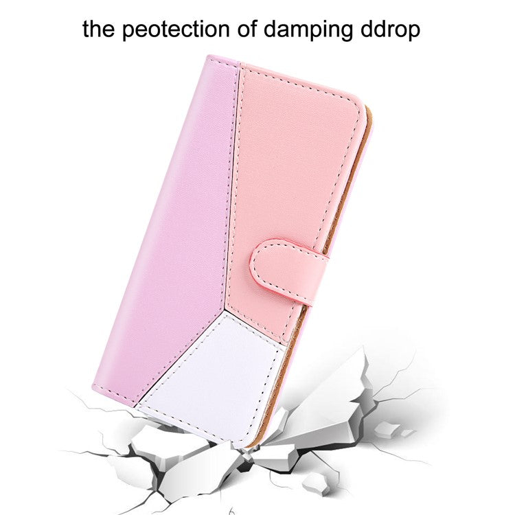 PU Leather Phone Case for Oppo A17 4G Three-color Splicing Stand Wallet Phone Cover - Purple / Pink / White