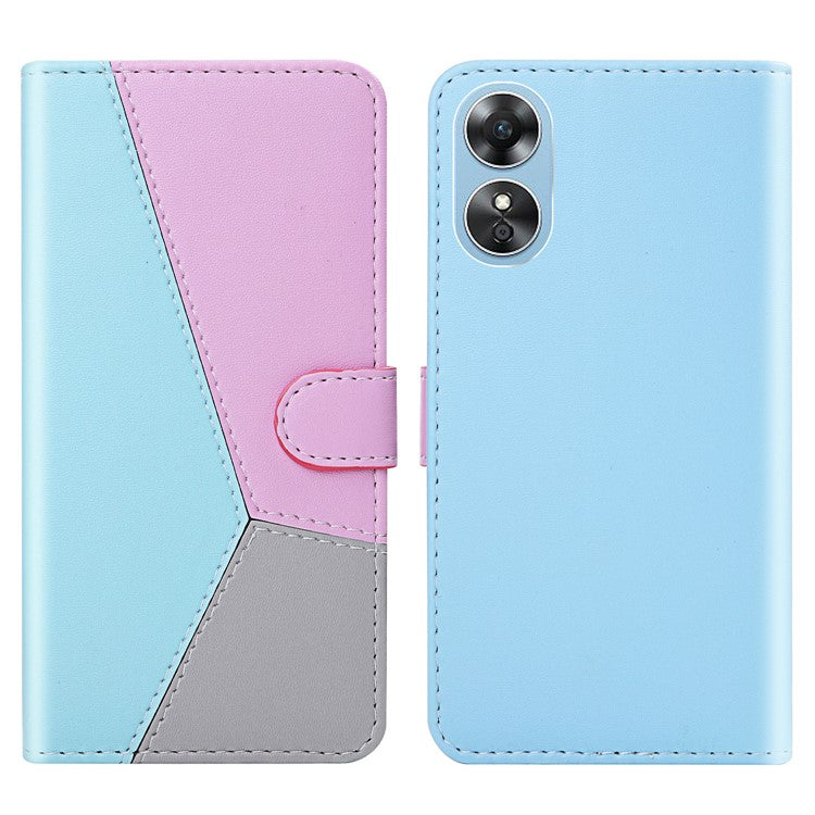 PU Leather Phone Case for Oppo A17 4G Three-color Splicing Stand Wallet Phone Cover - Blue / Purple / Grey
