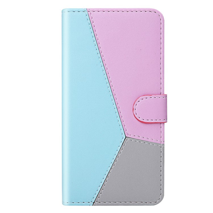 PU Leather Phone Case for Oppo A17 4G Three-color Splicing Stand Wallet Phone Cover - Blue / Purple / Grey