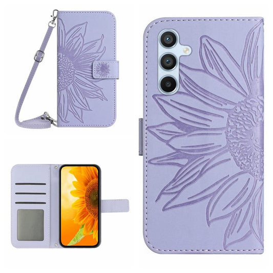 For Samsung Galaxy A24 4G (162.1 x 77.6 x 8.3mm) HT04 Leather Flip Phone Case Sunflower Pattern Stand Wallet Cover with Shoulder Strap - Light Purple