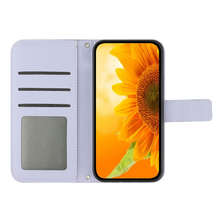 For Samsung Galaxy A24 4G (162.1 x 77.6 x 8.3mm) HT04 Leather Flip Phone Case Sunflower Pattern Stand Wallet Cover with Shoulder Strap - Light Purple