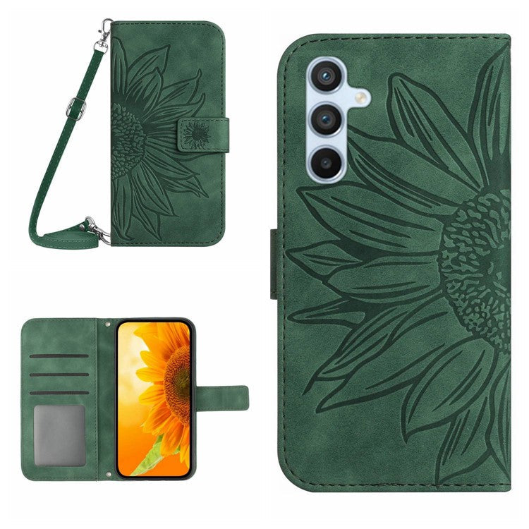 For Samsung Galaxy A24 4G (162.1 x 77.6 x 8.3mm) HT04 Leather Flip Phone Case Sunflower Pattern Stand Wallet Cover with Shoulder Strap - Dark Green