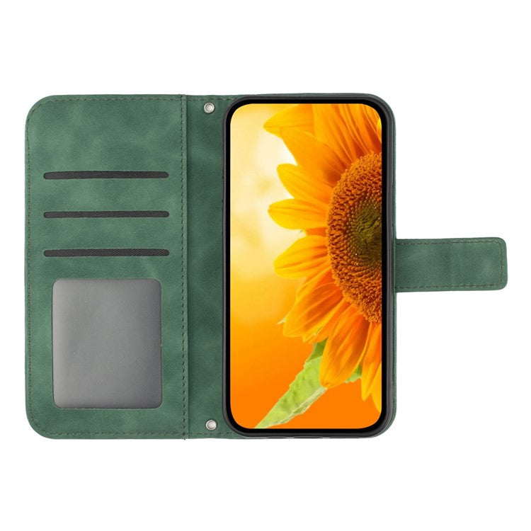 For Samsung Galaxy A24 4G (162.1 x 77.6 x 8.3mm) HT04 Leather Flip Phone Case Sunflower Pattern Stand Wallet Cover with Shoulder Strap - Dark Green