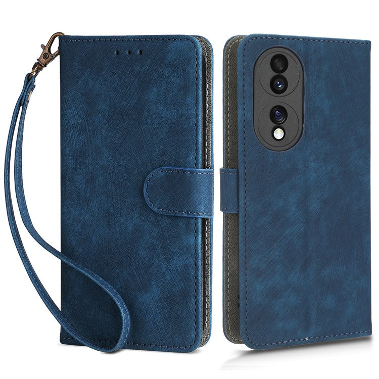 For Honor 70 5G RFID Blocking PU Leather Wallet Phone Case Folding Stand Cover with Hand Strap - Blue