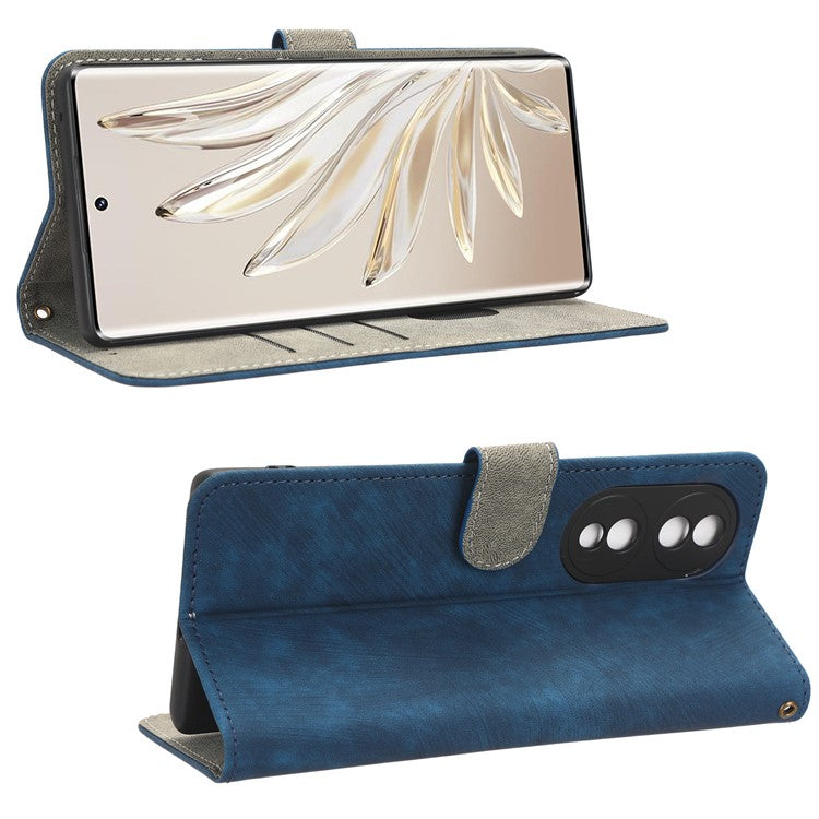 For Honor 70 5G RFID Blocking PU Leather Wallet Phone Case Folding Stand Cover with Hand Strap - Blue