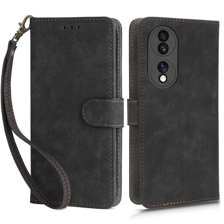 For Honor 70 5G RFID Blocking PU Leather Wallet Phone Case Folding Stand Cover with Hand Strap - Black