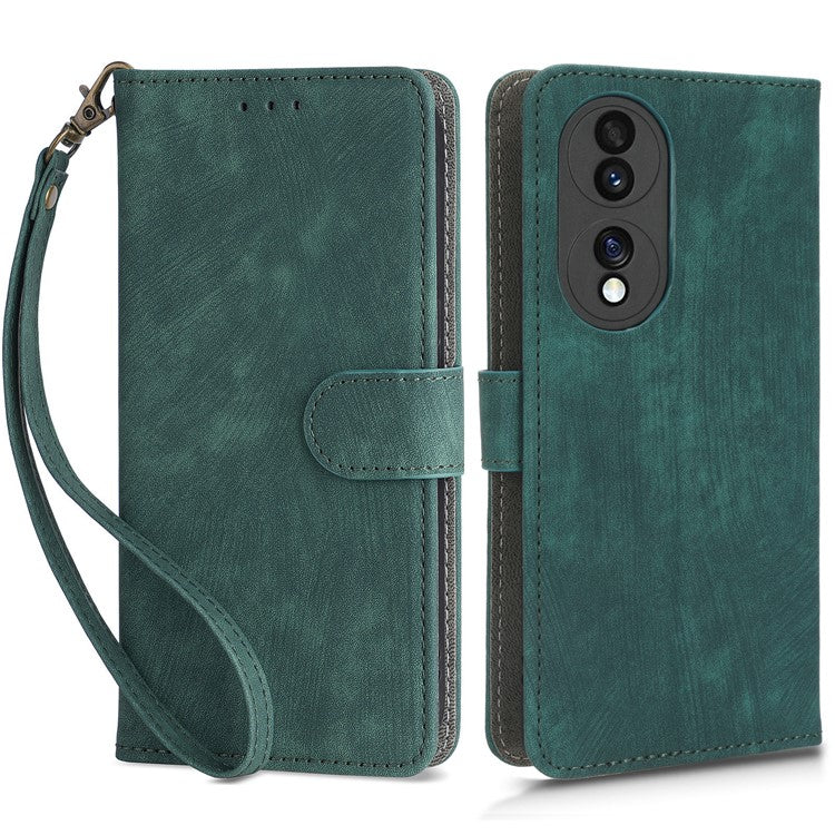For Honor 70 5G RFID Blocking PU Leather Wallet Phone Case Folding Stand Cover with Hand Strap - Green