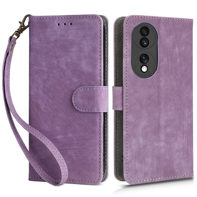 For Honor 70 5G RFID Blocking PU Leather Wallet Phone Case Folding Stand Cover with Hand Strap - Purple