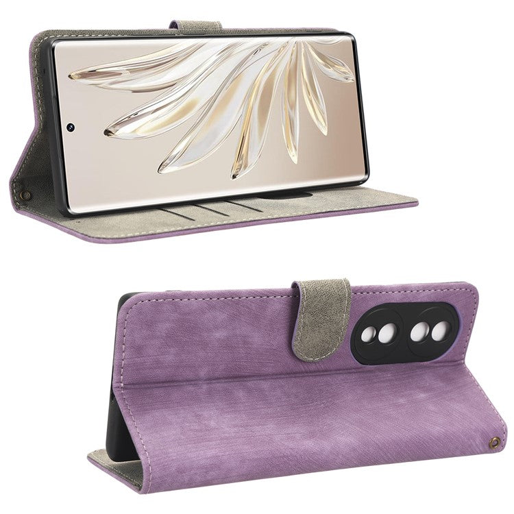 For Honor 70 5G RFID Blocking PU Leather Wallet Phone Case Folding Stand Cover with Hand Strap - Purple