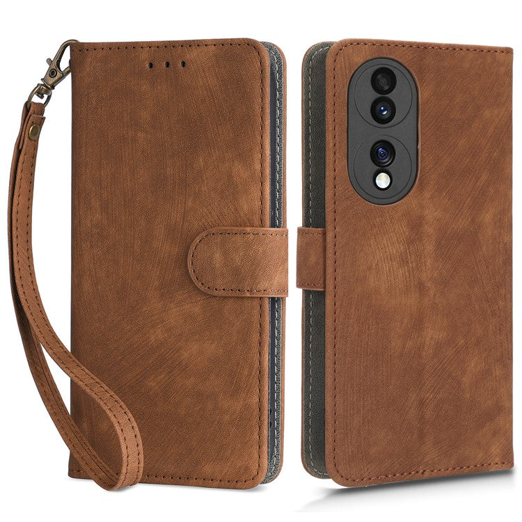 For Honor 70 5G RFID Blocking PU Leather Wallet Phone Case Folding Stand Cover with Hand Strap - Brown