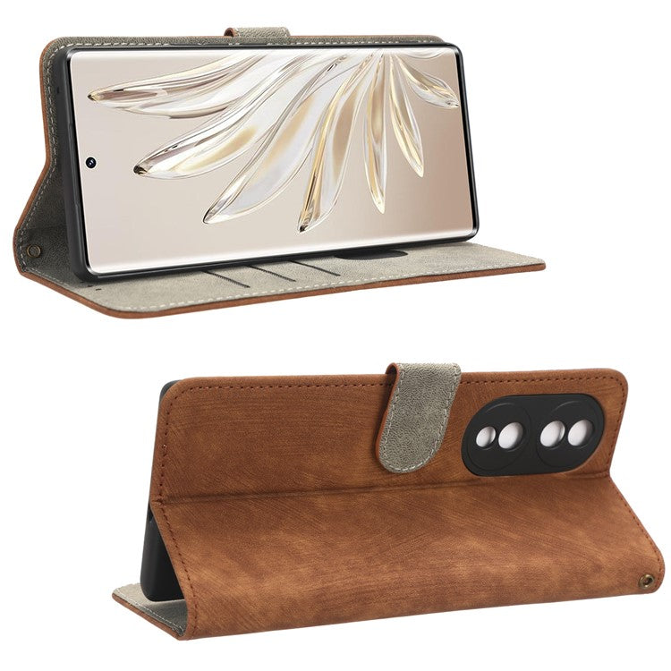 For Honor 70 5G RFID Blocking PU Leather Wallet Phone Case Folding Stand Cover with Hand Strap - Brown