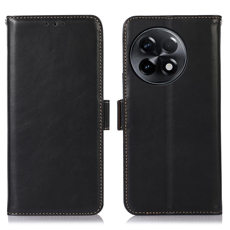 For OnePlus Ace 2 5G / 11R 5G RFID Blocking Phone Cover Stand Wallet Genuine Cowhide Leather Case - Black