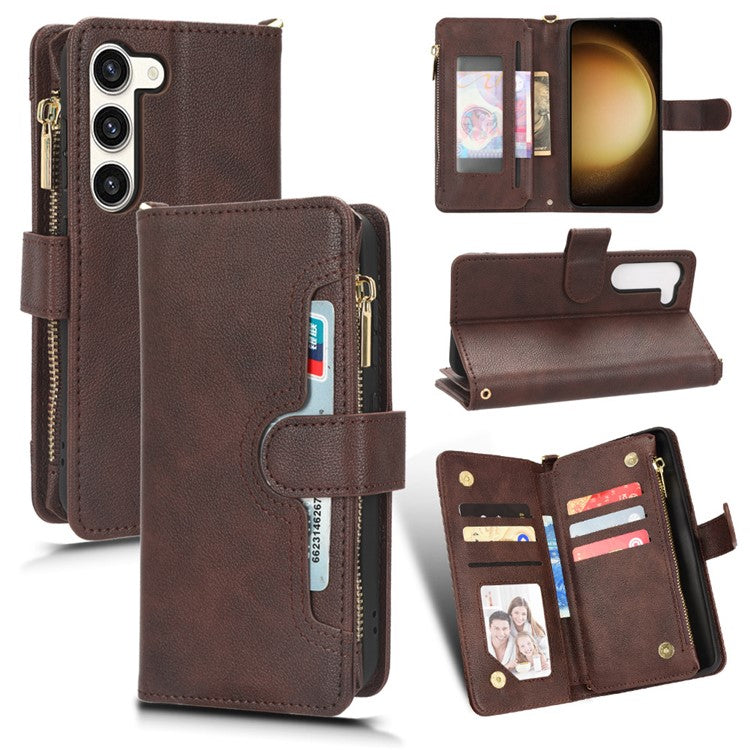 For Samsung Galaxy S23 Wallet Zipper Pocket Phone Case Shockproof Phone Cover with 2 Straps - Brown
