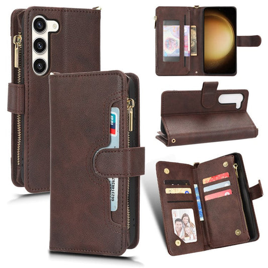 For Samsung Galaxy S23 Wallet Zipper Pocket Phone Case Shockproof Phone Cover with 2 Straps - Brown