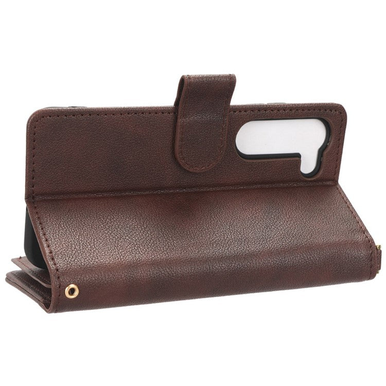 For Samsung Galaxy S23 Wallet Zipper Pocket Phone Case Shockproof Phone Cover with 2 Straps - Brown