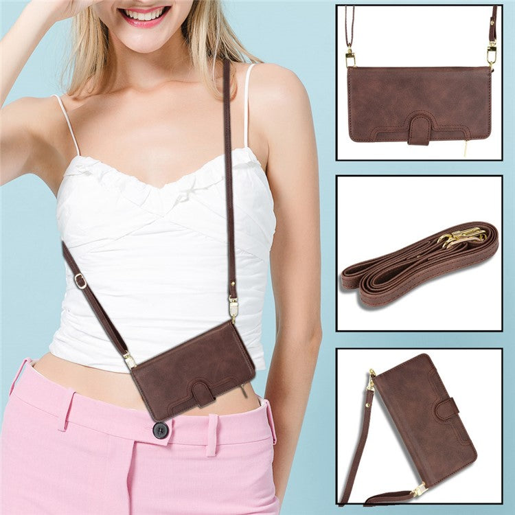 For Samsung Galaxy S23 Wallet Zipper Pocket Phone Case Shockproof Phone Cover with 2 Straps - Brown