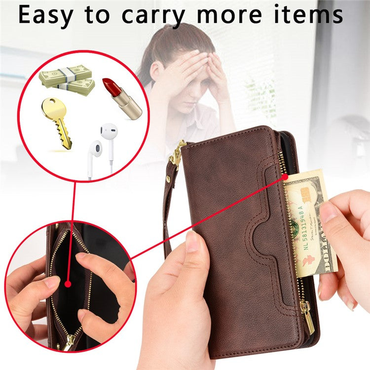 For Samsung Galaxy S23 Wallet Zipper Pocket Phone Case Shockproof Phone Cover with 2 Straps - Brown
