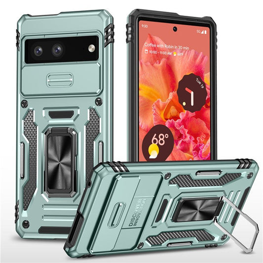 Shockproof Phone Case for Google Pixel 7a , Armor Series PC + TPU Protective Back Cover Kickstand - Green
