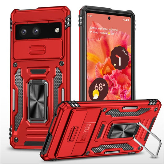 Shockproof Phone Case for Google Pixel 7a , Armor Series PC + TPU Protective Back Cover Kickstand - Red