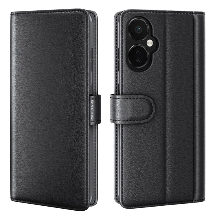 For OnePlus Nord CE 3 Lite 5G / Nord N30 5G Mobile Phone Case Genuine Split Leather Stand Wallet Phone Cover - Black