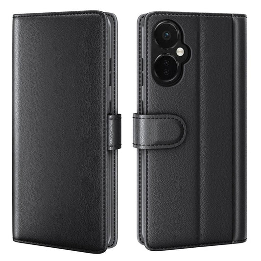 For OnePlus Nord CE 3 Lite 5G / Nord N30 5G Mobile Phone Case Genuine Split Leather Stand Wallet Phone Cover - Black