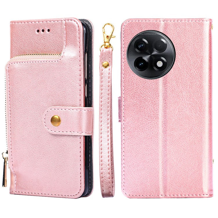 For OnePlus Ace 2 5G / 11R 5G Phone Wallet Case Zipper Pocket Leather Stand Phone Cover with Strap - Rose Gold
