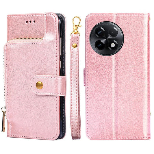 For OnePlus Ace 2 5G / 11R 5G Phone Wallet Case Zipper Pocket Leather Stand Phone Cover with Strap - Rose Gold