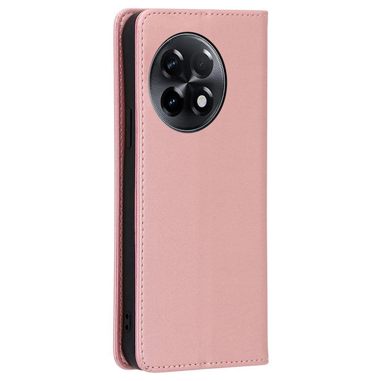 For OnePlus Ace 2 5G / 11R 5G Magnetic Auto-absorbed Leather Wallet Stand Phone Case Calf Texture Anti-drop Cover - Rose Gold