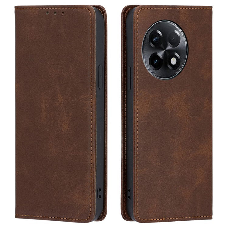 For OnePlus Ace 2 5G / 11R 5G Magnetic Auto-absorbed Leather Wallet Stand Phone Case Calf Texture Anti-drop Cover - Brown