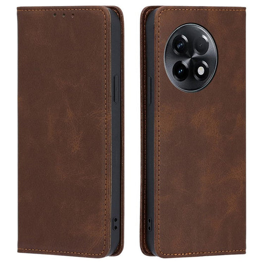 For OnePlus Ace 2 5G / 11R 5G Magnetic Auto-absorbed Leather Wallet Stand Phone Case Calf Texture Anti-drop Cover - Brown