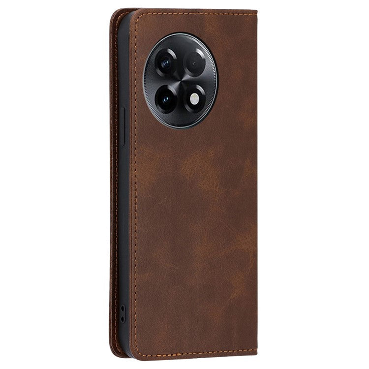 For OnePlus Ace 2 5G / 11R 5G Magnetic Auto-absorbed Leather Wallet Stand Phone Case Calf Texture Anti-drop Cover - Brown