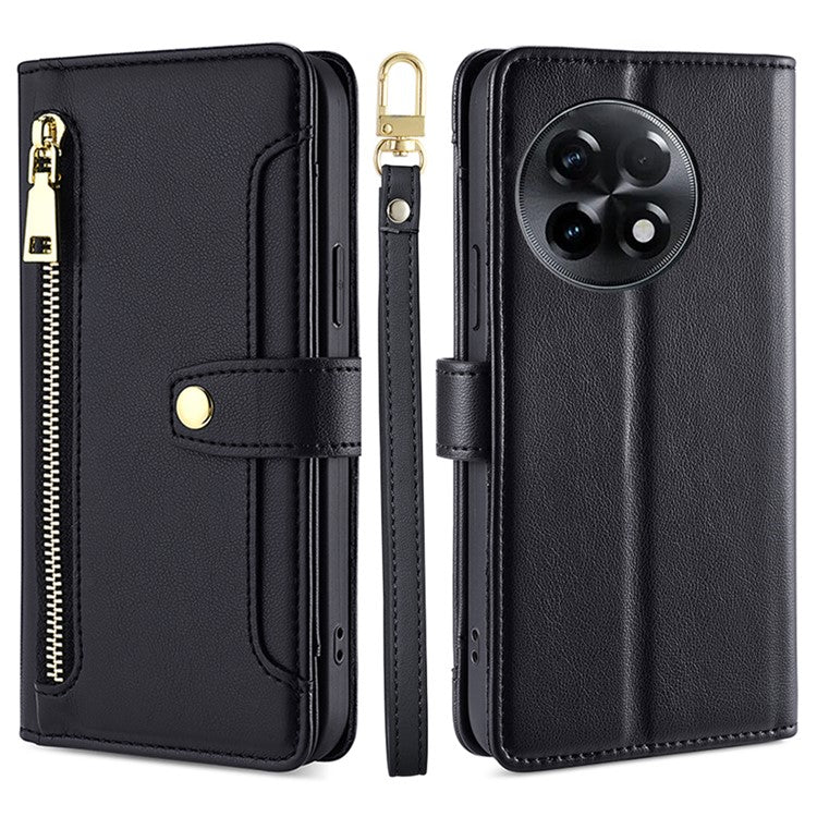 For OnePlus Ace 2 5G / 11R 5G Wallet Phone Case PU Leather Card Slots Zipper Pocket Stand Cover with Straps - Black