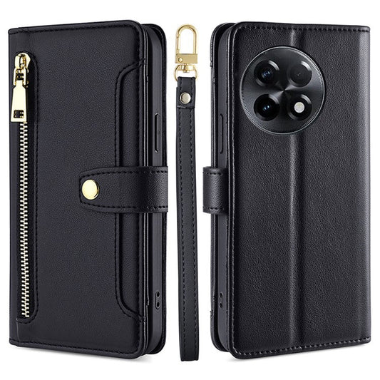 For OnePlus Ace 2 5G / 11R 5G Wallet Phone Case PU Leather Card Slots Zipper Pocket Stand Cover with Straps - Black