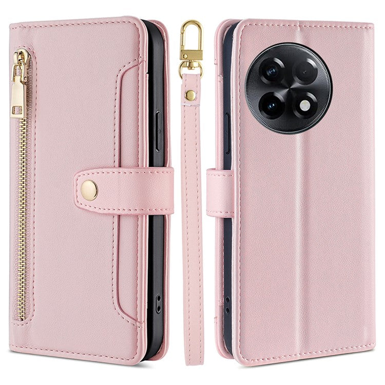 For OnePlus Ace 2 5G / 11R 5G Wallet Phone Case PU Leather Card Slots Zipper Pocket Stand Cover with Straps - Pink