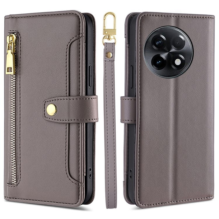 For OnePlus Ace 2 5G / 11R 5G Wallet Phone Case PU Leather Card Slots Zipper Pocket Stand Cover with Straps - Grey