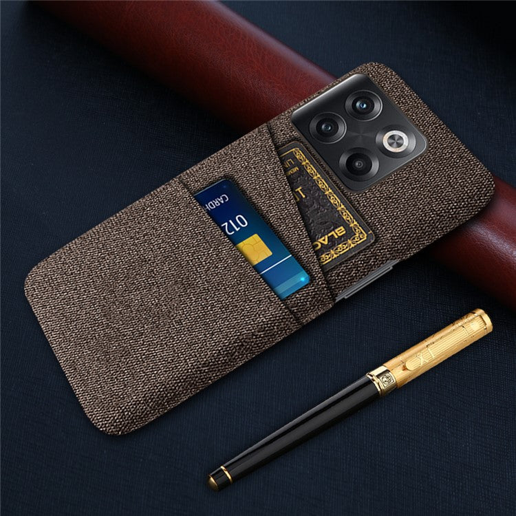 For OnePlus 10T 5G / Ace Pro 5G Hard PC Phone Case Dual Card Holder Cloth Texture Smartphone Phone Cover - Brown