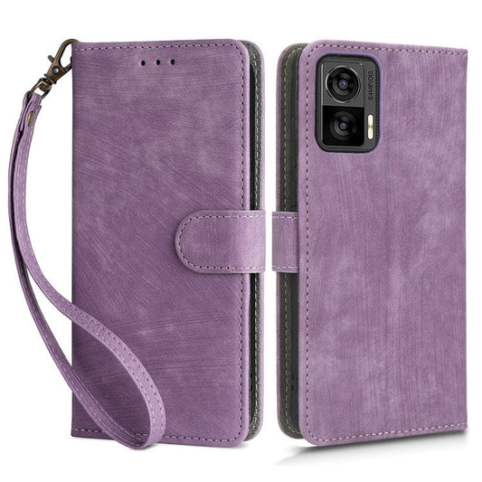 RFID Blocking Phone Case for Motorola Edge 30 Neo 5G , Leather Wallet Stand Phone Cover with Strap - Purple